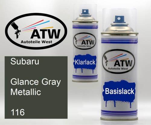 Subaru, Glance Gray Metallic, 116: 400ml Sprühdose + 400ml Klarlack - Set, von ATW Autoteile West.